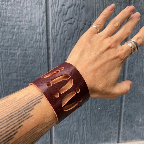 Hand Crafted Jewelry - Burgundy leather cuff bracelet with cut outs